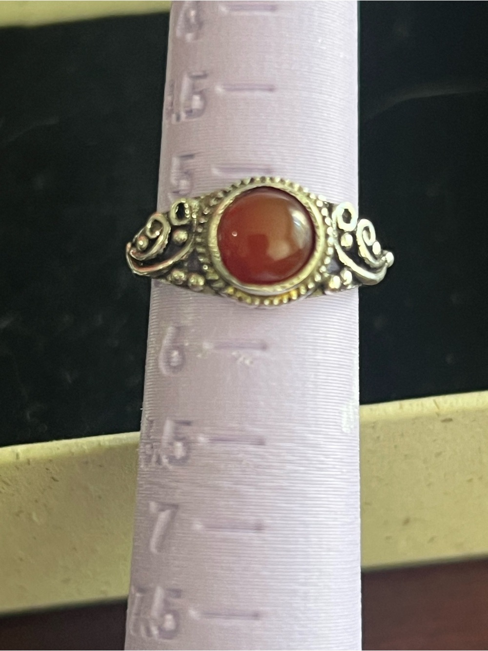 925 Sterling Silver Carnelian Cabochon Ring Size 5.5 Ornate Scroll Vintage Style